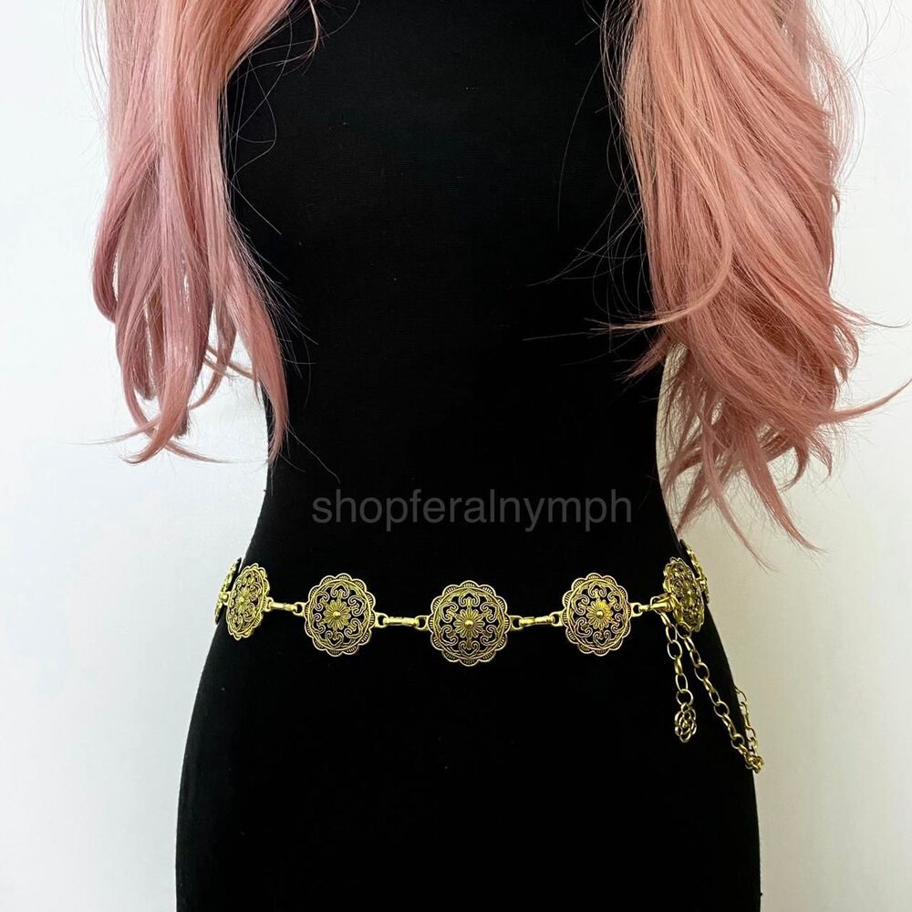 Gold Y2K Floral Mandala Boho Chain Belt, Fits 22.5-41.5 Inches, X7GA1281
